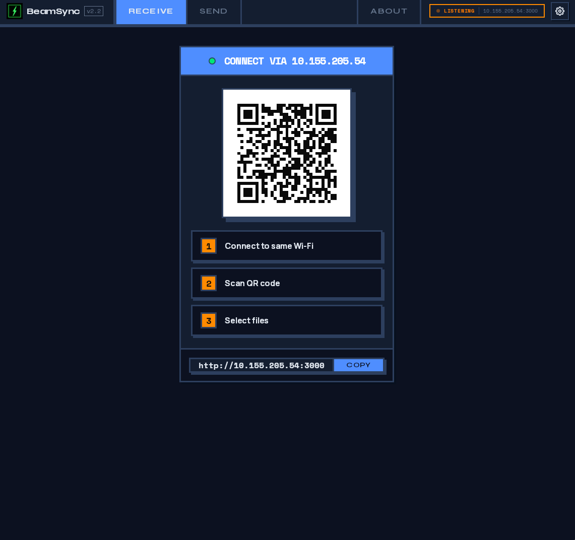BeamSync main window — file drop and QR connect
