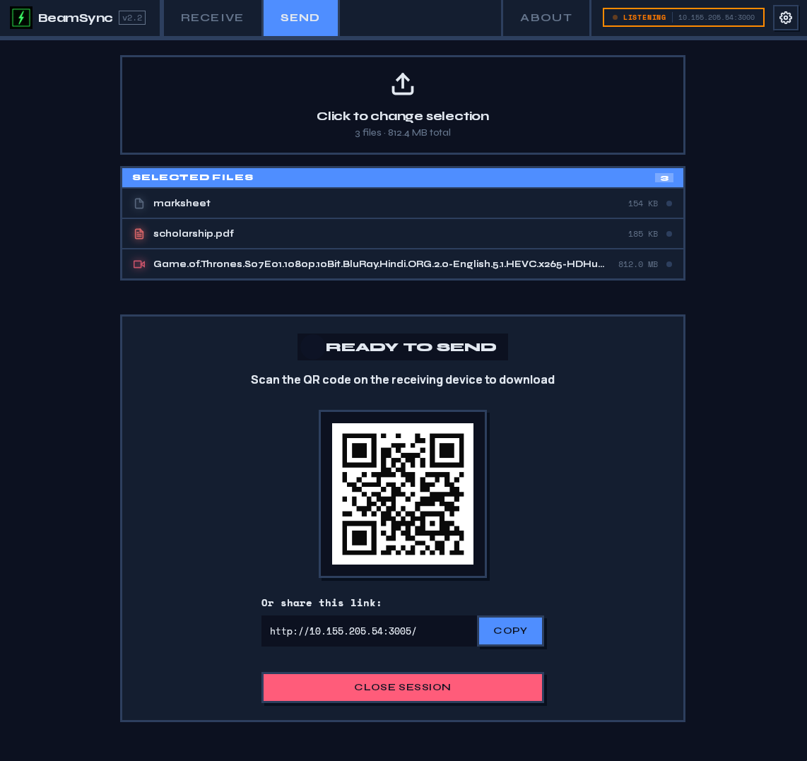 BeamSync live transfer progress