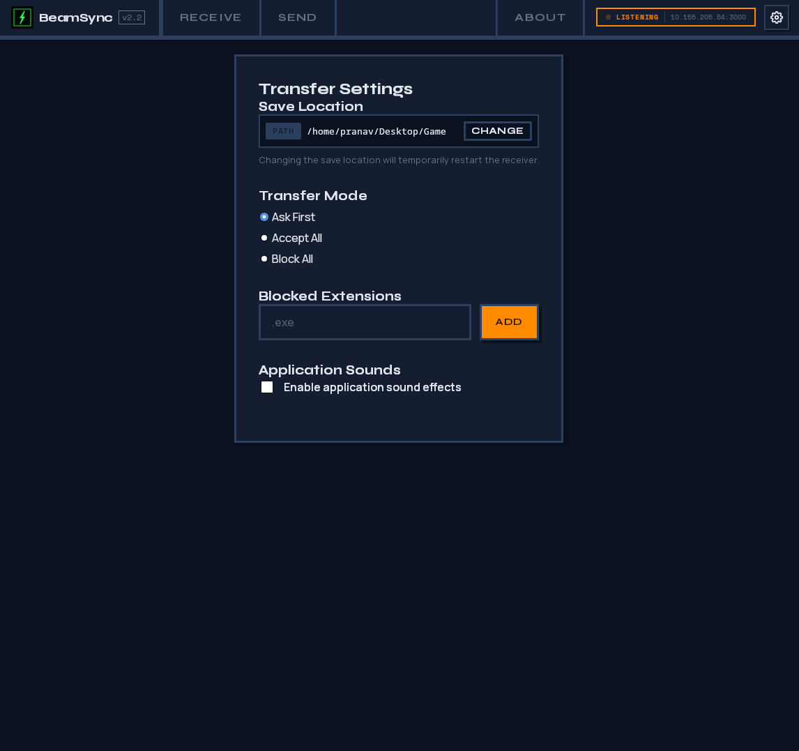 BeamSync settings and configuration