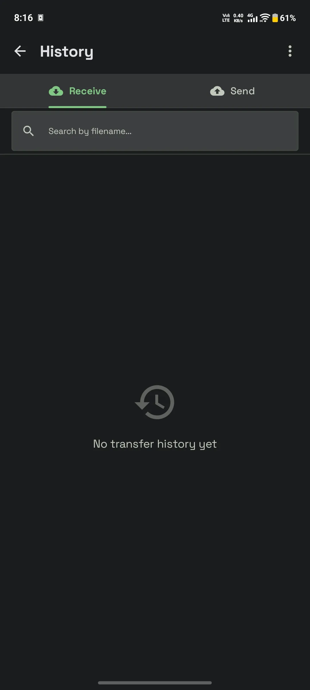 BeamSync Mobile transfer history with timestamps and status indicators