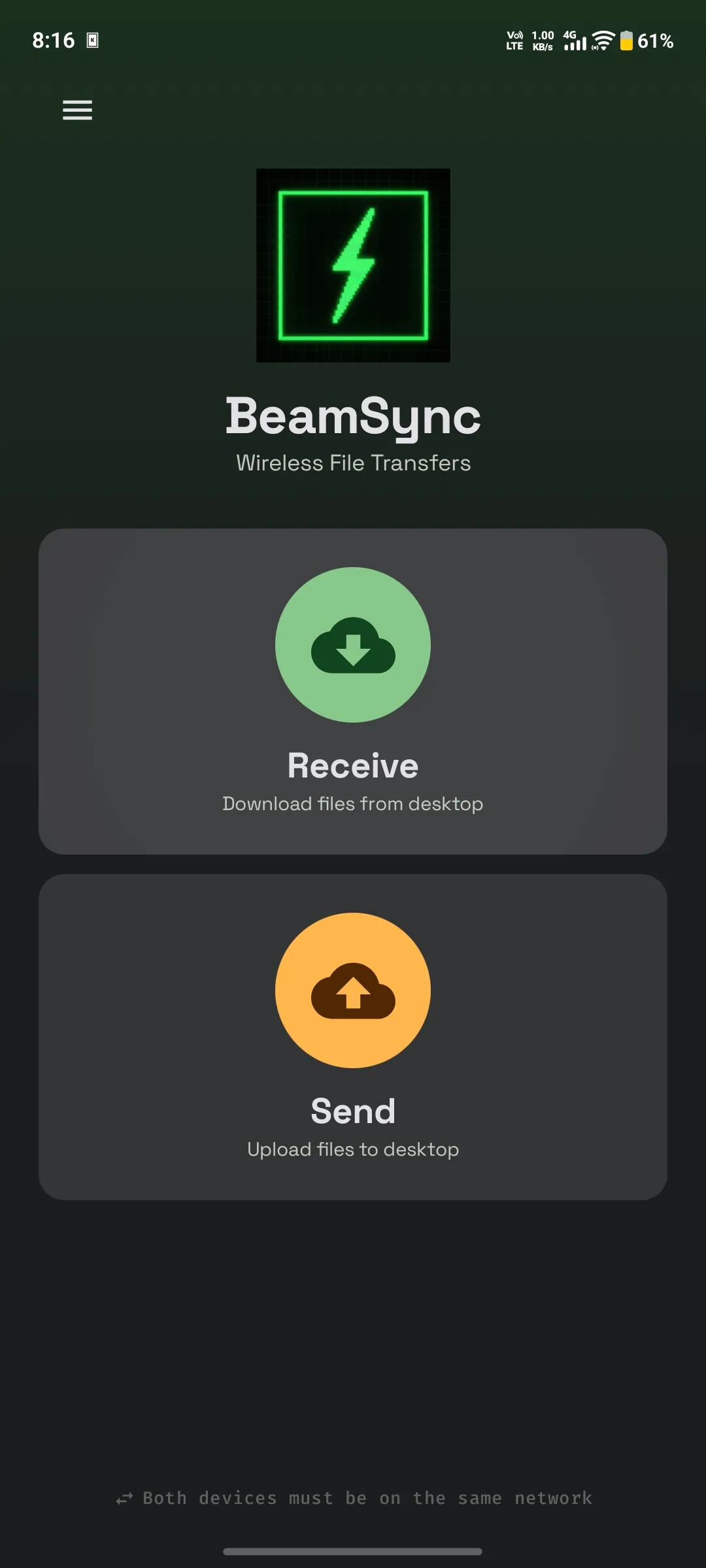 BeamSync Mobile home screen with Receive and Send action cards