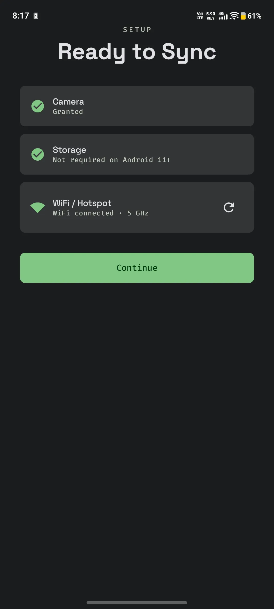 BeamSync Mobile permissions screen with camera and Wi-Fi status indicators